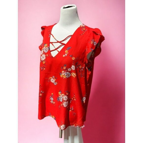 Crescent & Willough red vneck short cap sleeve lightweight floral blouse NEW XL - Picture 4 of 7